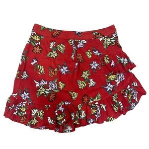 LFT red floral print ruffled mini skirt back zipper sz M